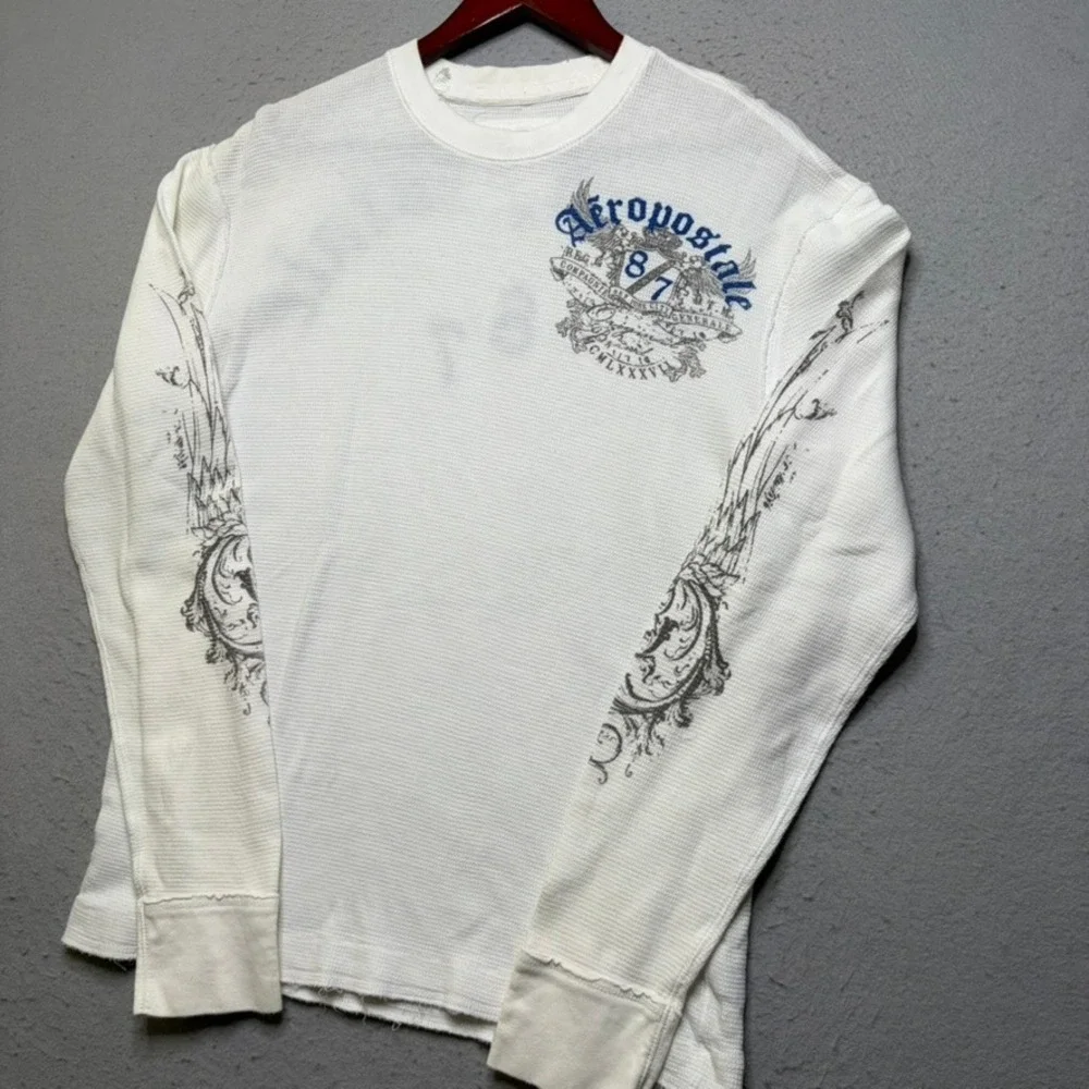 Aeropostale Thermal Shirt Mens L White Waffle Knit Graphic Y2K Rare Wing Print